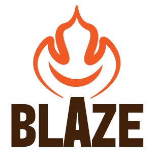 Logo with orange fire over brown text saying Blaze