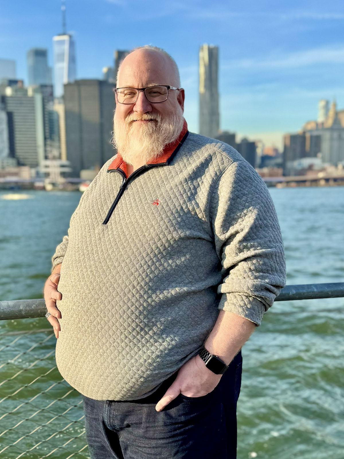 Jack Esteve in front of the New York skyline