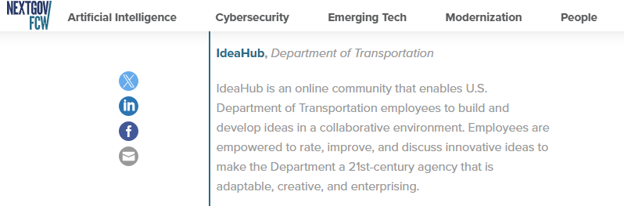 Screenshot of NextGov article about IdeaHub Continued