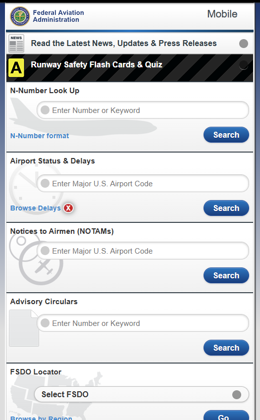 Screenshot of the old FAA.gov Mobile website